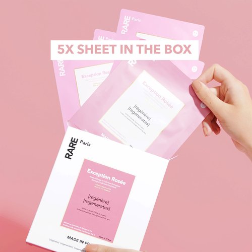 RARE Paris - Exception Rosee - Regenerating Facial Mask - Hydrating & Brightening Sheet Mask with Ceramides & Omega 3&6 - Anti-Aging, Firming, Revitalizing - Made in France - 5/box