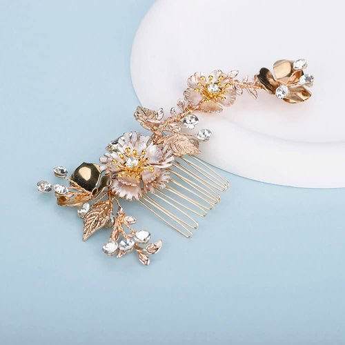 Chargances Bridal Flower Leaf Hair Comb Wedding Gold Crystal Hair Side Comb Fashion Flower Rhinestone Headpieces Wedding Prom Flower Girl Hair Accessories for Women and Girls