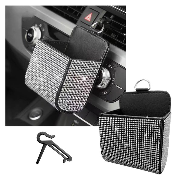 Dickno Car Vent Storage Organizer, Rhinestones Leather Air Vent Pocket, Bling Automotive Vent Pouch Box with Hook, Multipurpose Dashboard Air Vent Cell Phone Holder for Girl Women (White)
