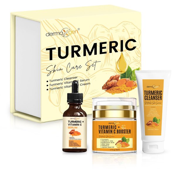 DERMAXGEN Glow Boosting Moisturizer, Organic Ingredients, Anti-Aging, Reduce Acne, Dark Spot Remover, Cleanser, Moisturizing Cream, Serum & Oil for Normal Oily Skin - Set of 3 (Turmeric Premium Set)