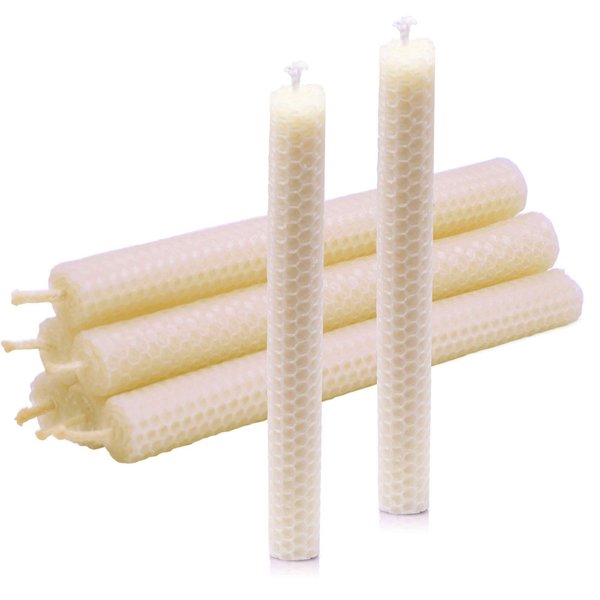 DEYBBY Natural Beeswax Taper Candles,8inch Dripless and Smokeless White Bee Wax,4Hour Burn Time Flat Top (Pack of 6)