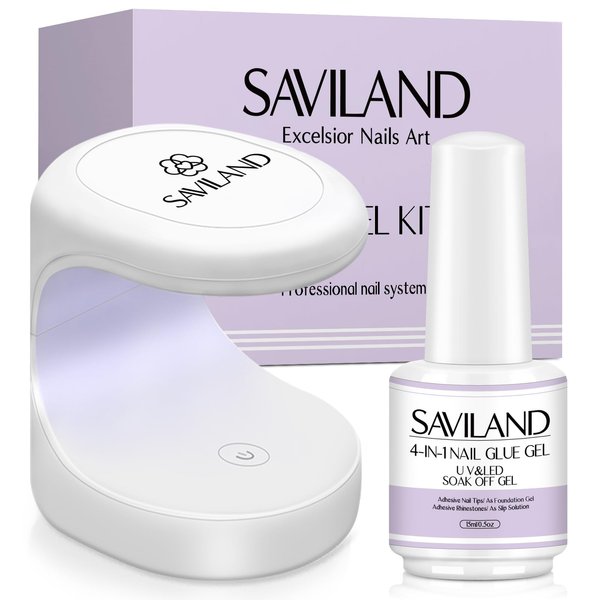 SAVILAND Gel X Nail Glue with Lamp Kit, 4-in-1 U V Nail Glue Gel DUO 15 ML for Nail Tips and U V Nail Lamp for Nails Fast Curing Nail Glue for Gel X Nail Extension DIY Nail Art