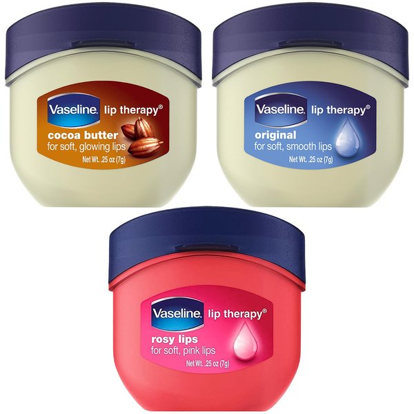Vaseline Lip Therapy 0.25 Oz / 7g 3 Pack Bundle - Original, Rosy Lips & Cocoa Butter with box