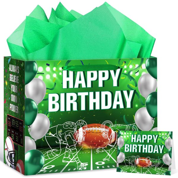 RUMIA Football Birthday Gift Bag, Football Party Favors Bag with Tissue Paper and Greeting Card Sport Wrapping Paper for Boys Kids Teens Sport Football Themed Gifts Decorations Supplies