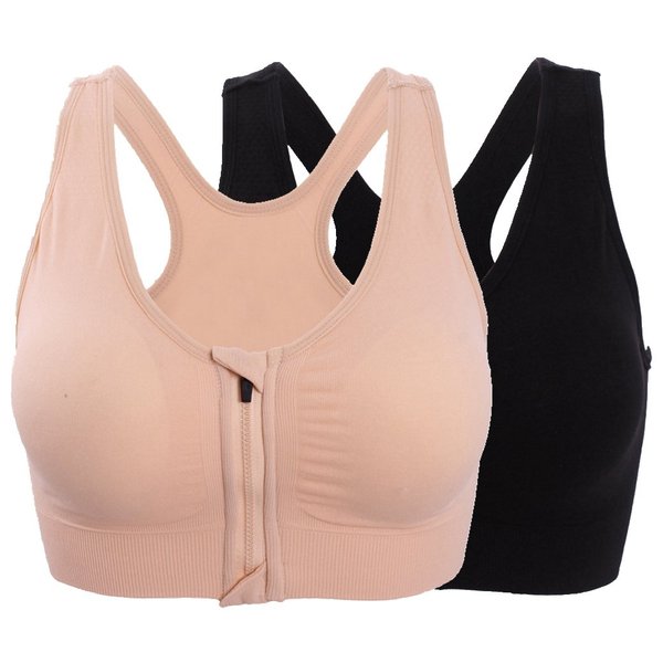 ohlyah Women's Zipper Front Closure Sports Bra Racerback Yoga Bras (XXL 40C 40D 42B 42C, 2 Pack: Black Nude)