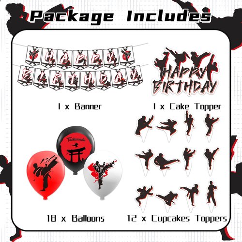 Taekwondo Birthday Party Decorations Karate Party Supplies Includes Karate Taekwondo Birthday Banner Cake Topper Cupcake Toppers Balloons for Men Women Girls Boys Party