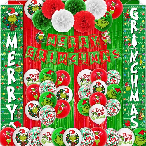 61Pcs Merry Christmas Decorations Merry Christmas Banner Green Monster Door Banner Christmas Porch Sign Hanging Banner Outdoor Christmas Decorations and Christmas Balloons for Christmas Party Supplies