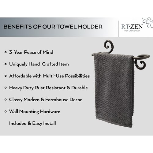 RTZEN Matte Black Hand Towel Holder for Bathroom - Handcrafted Farmhouse Wrought Iron Kitchen Towel Bar - Hand Towel Bar Hanger for Home or Office - Wall Mounted Rack Fits 10" Towels