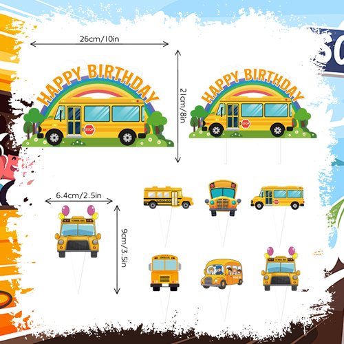25pcs School Bus Birthday Party Supplies, School Bus Cupcake Toppers Decoration, Back to School Happy Birthday Cupcake Toppers Decorations, Boys and Girls Kindergarten Decorations (School Bus)