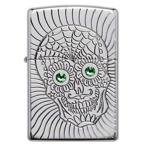 Zippo Armor Sugar Skull Design High Polish Chrome Emblem Attached Pocket Lighter
