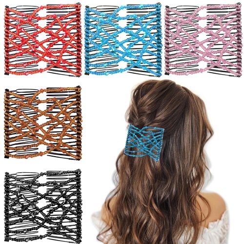 5 Pieces Stretchy Beaded Hair Combs Magic Hair Comb Adjustable Elastic Comb Hair Clip for Women Girls No Crease Hair Pins Vintage Hair Bun Maker Hair Accessories for Curly Thick Wavy Hair Ponytail