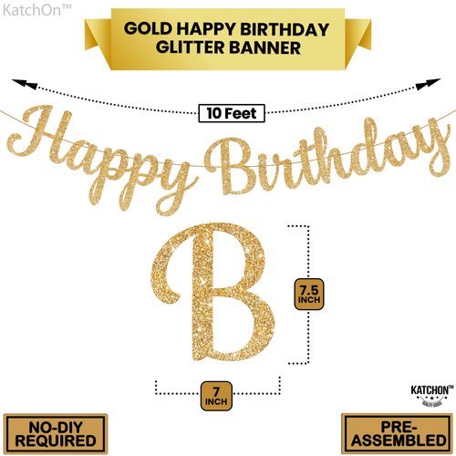 KatchOn, Cursive Glitter Gold Happy Birthday Banner - Pre-Strung, 10 Feet, No DIY | Real Gold Birthday Party Decorations | Gold Happy Birthday Sign for Girls, Gold Happy Birthday Decorations for Women