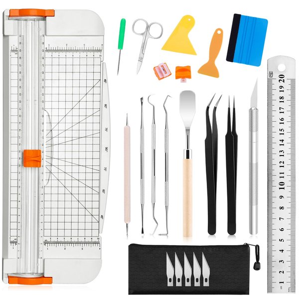 Famomatk 23PCS Weeding Tools for Vinyl, Craft Weeding Tools Set with 12Inch Paper Cutter and Trimmer for Scrapbooking,Silhouettes,Cameos,Lettering,Cutting,Craft Paper, Labels and Cardstock(White)