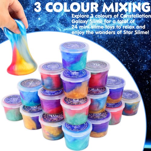 24 Pack Galaxy Slime Kit, Galaxy Slime Cup Party Favors for Girls Boys, 12 Constellations Series Mini Slime Bulk, Wet, Non-Sticky, Stress Relief Toy, Classroom Rewards, Goodie Bag Stuffers for Kids