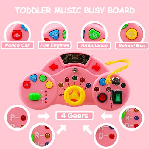 Montessori Toys Busy Board for Toddlers 2-4, LED Musical Light Switch Toys for 1-3 Year Old, Sensory Learning Activities for Kids 2-4, Preschool Educational Travel Toys for Boy Girl Birthday Gift Pink