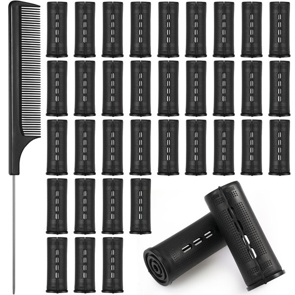 36 Pieces Cold Wave Rod Hair Perm Rods Hair Rollers Perming Rods Curlers with Steel Rat Tail Comb for Hairdressing Styling (Black, 1.18 Inch)