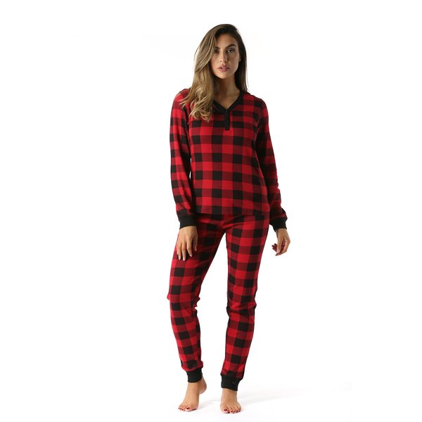 #followme Buffalo Plaid 2 Piece Base Layer Thermal Underwear Set for Women 6372-10195-NEW-RED-S