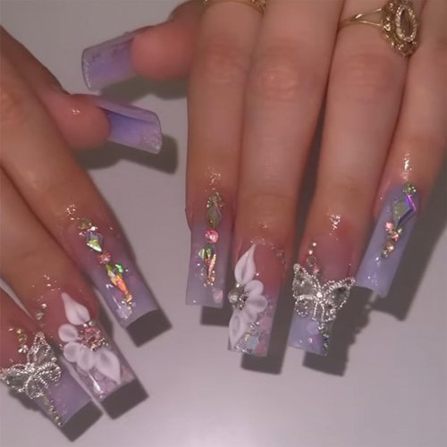 IMRAIN Press on Nails Long Square Fake Nails Purple Gradient Glossy False Nails Full Cover Glue on Nails with Butterfly Rhinestone Designs Artificial Gel Acrylic Squoval Nails Kit Stick on Nails