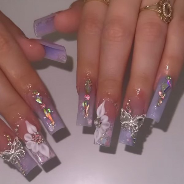 IMRAIN Press on Nails Long Square Fake Nails Purple Gradient Glossy False Nails Full Cover Glue on Nails with Butterfly Rhinestone Designs Artificial Gel Acrylic Squoval Nails Kit Stick on Nails
