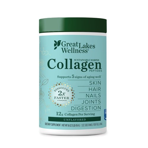 Great Lakes Wellness Sustainable Marine Collagen Peptides Powder for Skin, Hair, Nails, Joints & Digestion - Unflavored - Quick Dissolve Hydrolyzed, Wild Caught, MSC Certified, Non-GMO, Kosher - 16 oz