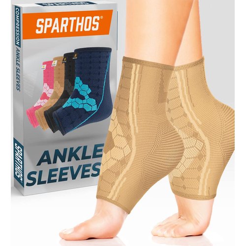 Sparthos Ankle Compression Socks (Pair) - Plantar Fasciitis Ankle Brace with Arch Support - for Men and Women - Foot Sleeves - for Sports, Running, Basketball, Football and Everyday Wear (Beige-S)