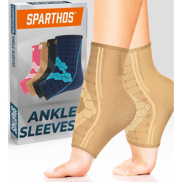 Sparthos Ankle Compression Socks (Pair) - Plantar Fasciitis Ankle Brace with Arch Support - for Men and Women - Foot Sleeves - for Sports, Running, Basketball, Football and Everyday Wear (Beige-S)