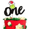 Rsstarxi 1 Pack Grinch First Birthday Cake Topper Glitter Merry Grinchmas One Cake Pick Decorations for Christmas Theme Baby Shower Kids 1st Birthday Party Supplies Black