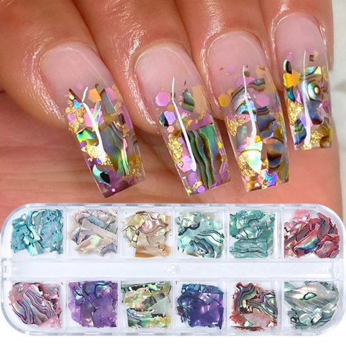 Abalone Seashell Nail Art Slices, Holographic 3D Mermaid Irregular Nail Art Glitter Flakes, Ocean Beach Shell Nail Sequins Supplies for Women Girls Manicure Sparkly Decoration, DIY Resin Nail Art Tips