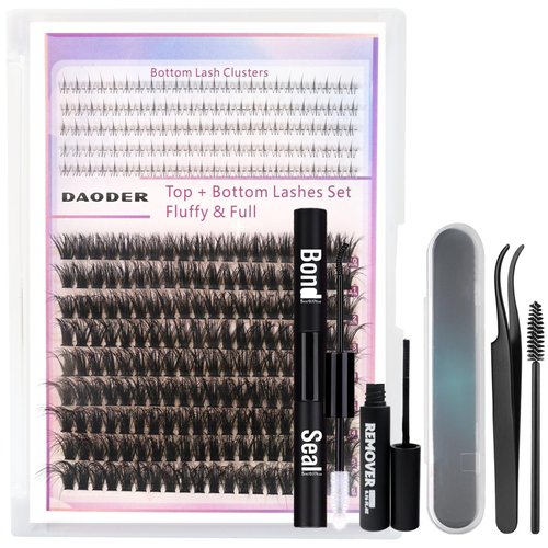 DAODER Fluffy Lash Clusters Kit with Bottom Lashes 60D D Curl Volume Lash Extension Kit with Lash Bond Seal Remover Tweezers 10-16mm Wispy Eyelash Extension Kit 300pcs(60D + Bottom Lash Clusters Kit)