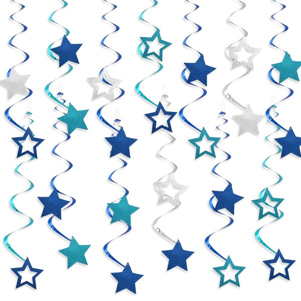 YEOCU 64pcs Hanging Swirls Party Decorations - Ceiling Foil Swirls Decorations Hanging Party Streamers for Birthday, Ceiling Hanging Decor Party Supplies for Boys Girls Kids (Blue)