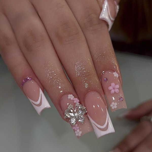 DANMANR French Fake Flower Nails Square False Nails Full Cover Butterfly Acrylic Shiny Fake Nails for Women and Girls 24PCS