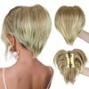 Rosooi Claw Clip Messy Bun Hair Piece Short Ponytail Extension with 3 Bendable Metals Wires Synthetic Wavy Curly Fake Hairpieces for Women DIY Full Easy Bun (Ash Brown ombre Blonde)