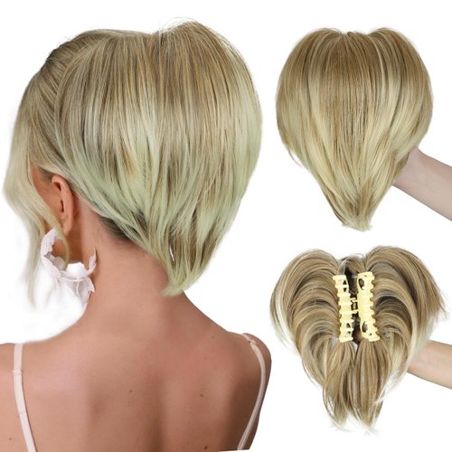 Rosooi Claw Clip Messy Bun Hair Piece Short Ponytail Extension with 3 Bendable Metals Wires Synthetic Wavy Curly Fake Hairpieces for Women DIY Full Easy Bun (Ash Brown ombre Blonde)