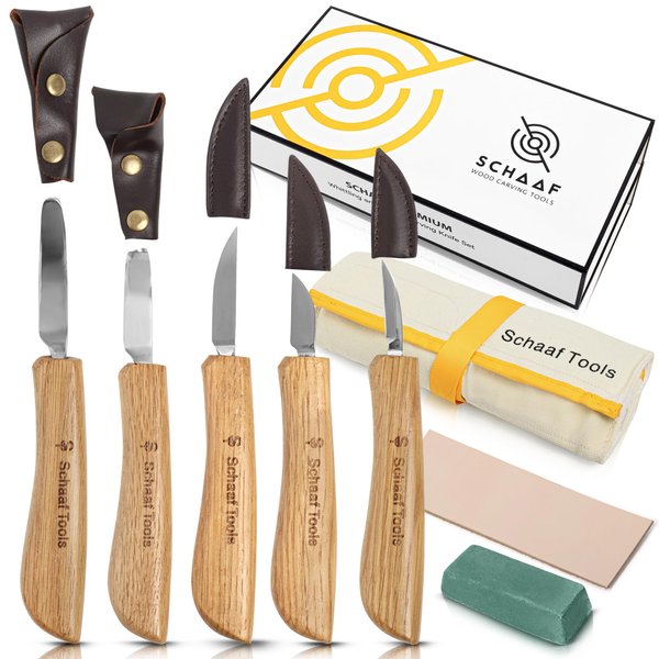 Schaaf Wood Carving Tools Deluxe Wood Carving Kit | Includes Detail Knife, Chip Carving Knife, Sloyd Wood Carving Knife, Spoon Carving Kit | Adult Crafts Wood Whittling Kit