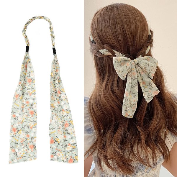 Xiyantiji Scarf Headbands for Women Bohemian Floral Print Hair Band with Long Satin Ribbon for Thick Long Hair Handmade Light Green Headband for Girls Summer Wedding Proms