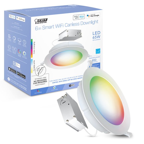 Feit Electric LEDR6XT/RGBW/CA/AG 6" 65 Watt Equivalent WiFi Color Changing, Tunable White, No Hub Required, Alexa or Google Assistant, No Hub Required LED Smart Canless Retrofit Recessed Downlight Kit