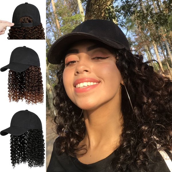 Qlenkay Black Baseball Cap with 16in Hair Extensions Adjustable Wig Hat Attached African Kinky Curly Hairpiece for Woman Girl Black Mix Light Auburn
