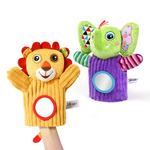 Jollybaby Hand Puppets Baby Toy 0-6-12 Months, Plush Stuffed Animal Hand Puppets Toys for Kids，Sensory Doll with Rattle and Mirror for Toddler，Social Emotional Play Therapy Toys for Boy Girl Gift