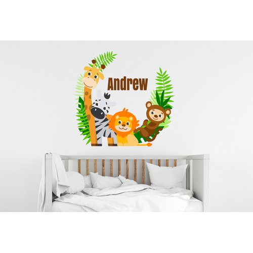 Jungle Animals Custom Name Wall Decal - Baby Safari Animals Series Theme Wall Art Decal - Wall Decal for Nursery Bedroom playroom Decoration (Wide 15"x13" Height)