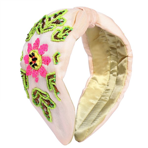 CENAPOG Embroidery Beaded Wide Headbands Boho Headbeads for Women Girls Twist Knot Beaded Flower Headbeads (apricot)