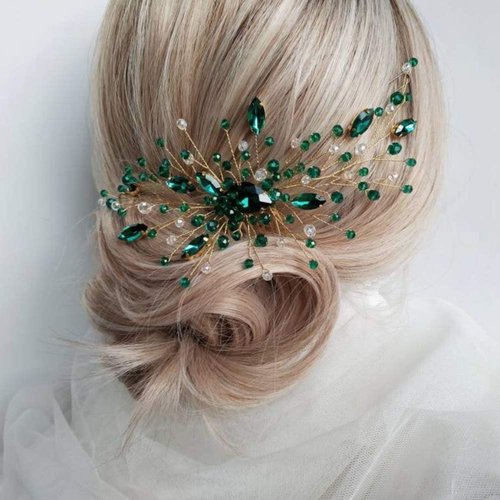 Aimimier Bridal Green Crystal Hair Comb Emerald Rhinestone Hair Vine Prom Party Festival Wedding Hair Accessories for Women and Girls(Gold)