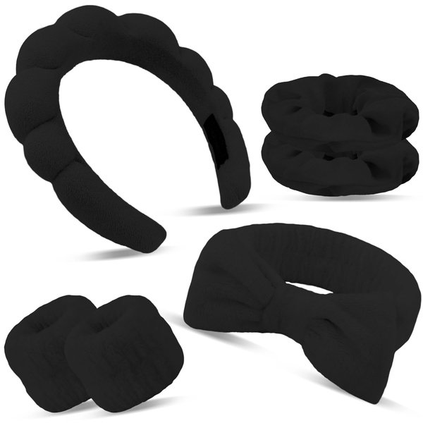SuPoo 6pcs Black Spa Headband Sponge Face Wash Headband and Wristband Set Makeup Head Band Puffy Skincare Terry Cloth Wrist Towels Hair Band for Washing Face Padded Headwear with Hair Ties