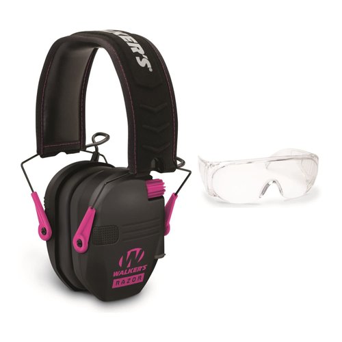 Walker's Razor Slim Electronic Hearing Protection Muffs (Sound Amplification and Suppression) and Over-The-Glasses Protective Eyewear Kit, Pink/Black Bundle (2 Items)