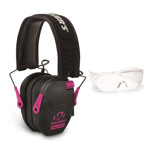 Walker's Razor Slim Electronic Hearing Protection Muffs (Sound Amplification and Suppression) and Over-The-Glasses Protective Eyewear Kit, Pink/Black Bundle (2 Items)