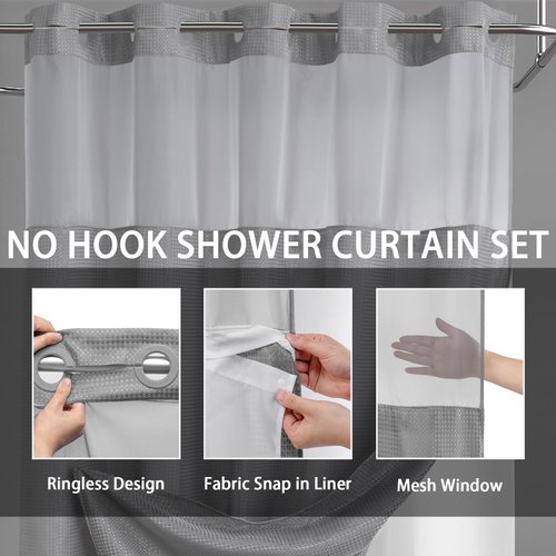 YellyHommy No Hook Shower Curtain with Snap in Liner Set Grey Waffle Shower Curtain for Bathroom 75" L x 72" W Gray