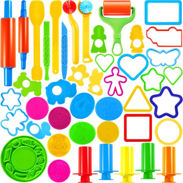 JOYIN 44 Pieces Play Dough Accessories Set for Kids, Playdough Tools with Various Plastic Molds, Rolling Pins, Cutters