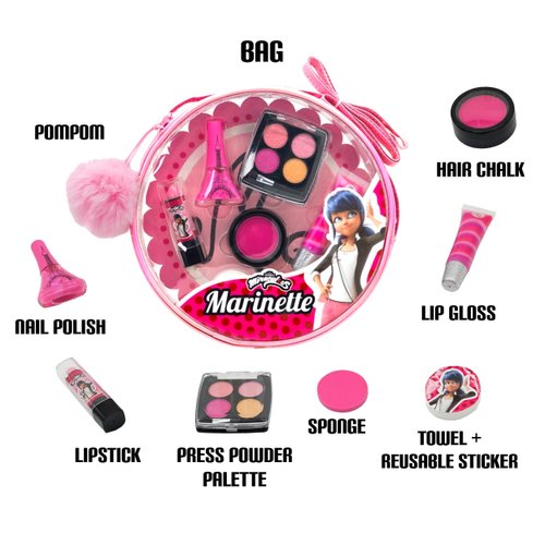 Miraculous Ladybug, 10-in-1 Marinette Kids Makeup Set with Nail Polish, Lipstick, Pressed Powder Palette, Lip Gloss, Hair Chalk, Make-up Sponge, Compressed Towel, Sticker and Pom-pom (Wyncor)