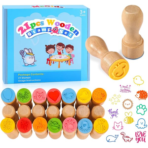 MeCids Stamps for Kids, 21Pcs Wooden Stamp Set - Animal Stamps Star Rainbow Cute Pattern Stamp for Kids Birthday Gift Party Favor Carnival Prizes, Kids Art Projects Ages 3+