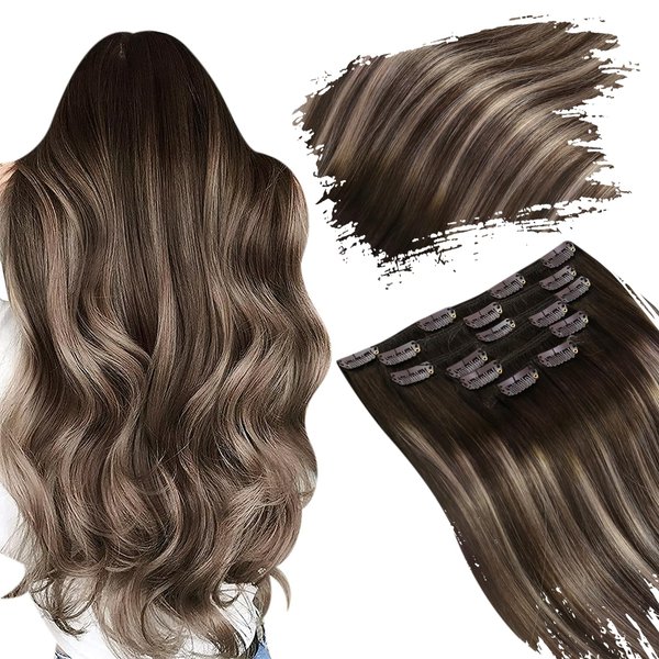 Ugeat Hair Clip in Human Hair Extensions 18 inch Clip in Remi Hair Extensions Human Hair #4 with #18 Ash Blonde Human Hair Clip in Extensions Brown 7pcs 120g(105g Hair + 15g Clips)