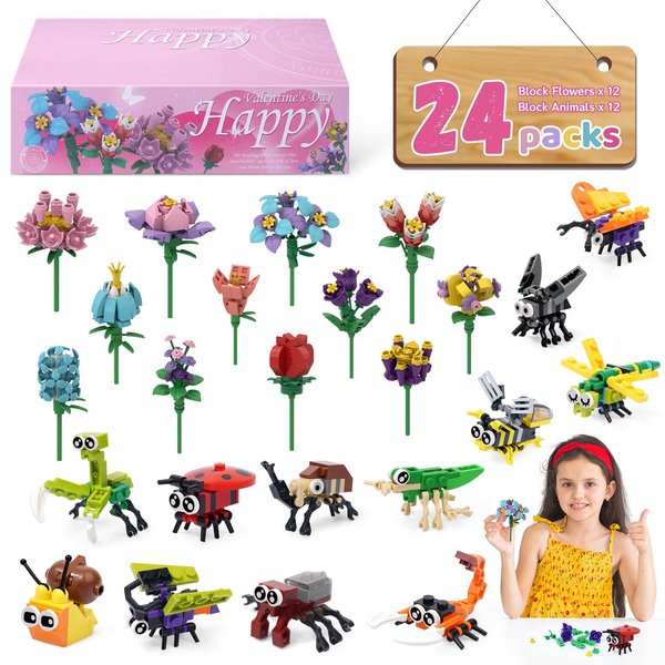 KOPHINYE Valentines Cards for Kids Classroom , Insects Building Blocks and Flower Building Blocks, Valentines Day Gifts for Kids, Valentine Party Favors Exchange Gifts School, Party Favors
